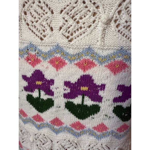Women's V-Neck Pastel Flower Knit White Cardigan Size Medium - Picture 5 of 5